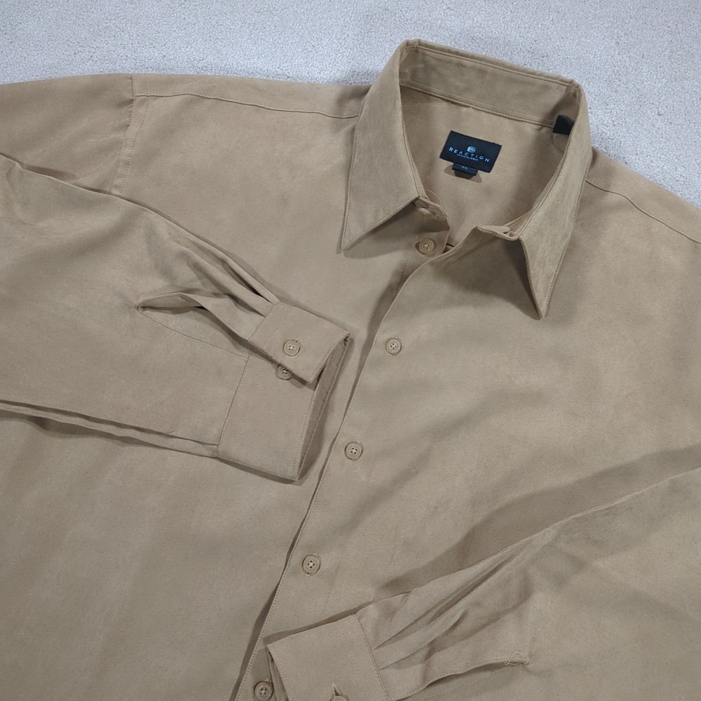Reaction Kenneth Cole Faux Suede Tan Button-Up Long Sleeve Shirt Men's XL Lined